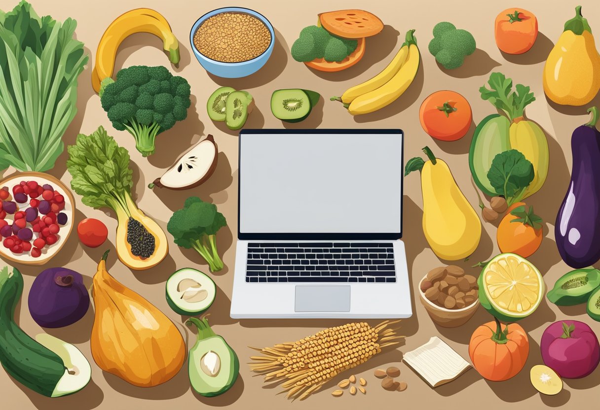 A colorful array of fresh fruits, vegetables, and whole grains arranged on a kitchen counter, with recipe books open and a laptop displaying nutrition tips