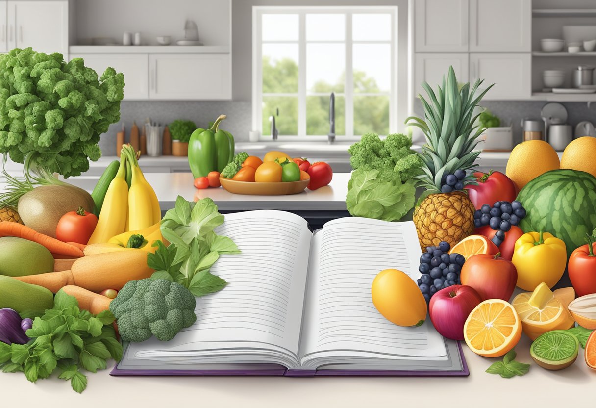 A colorful array of fresh fruits, vegetables, and herbs arranged on a kitchen counter, with a cookbook open to a page of nutrition tips and recipes