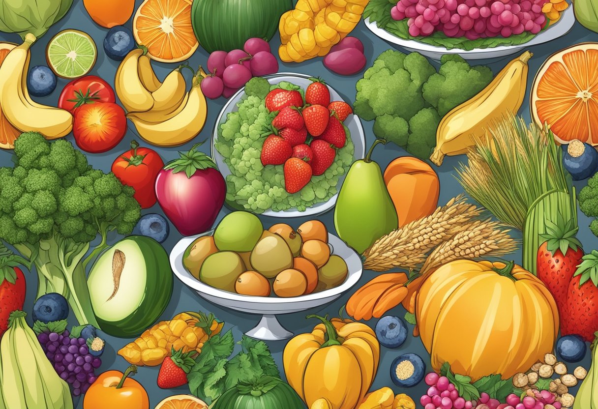 A colorful plate with a variety of fruits, vegetables, grains, and proteins arranged in a balanced and visually appealing manner