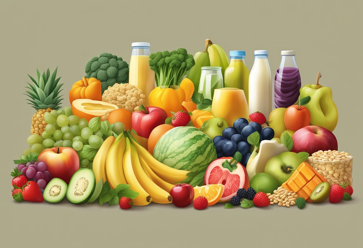 A colorful array of fruits, vegetables, grains, and dairy products arranged in a balanced and visually appealing manner