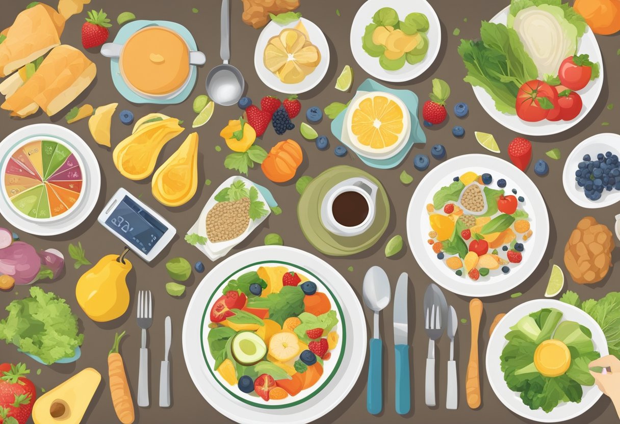 A table set with a variety of healthy foods, a clock showing the time, and a person engaging in physical activity