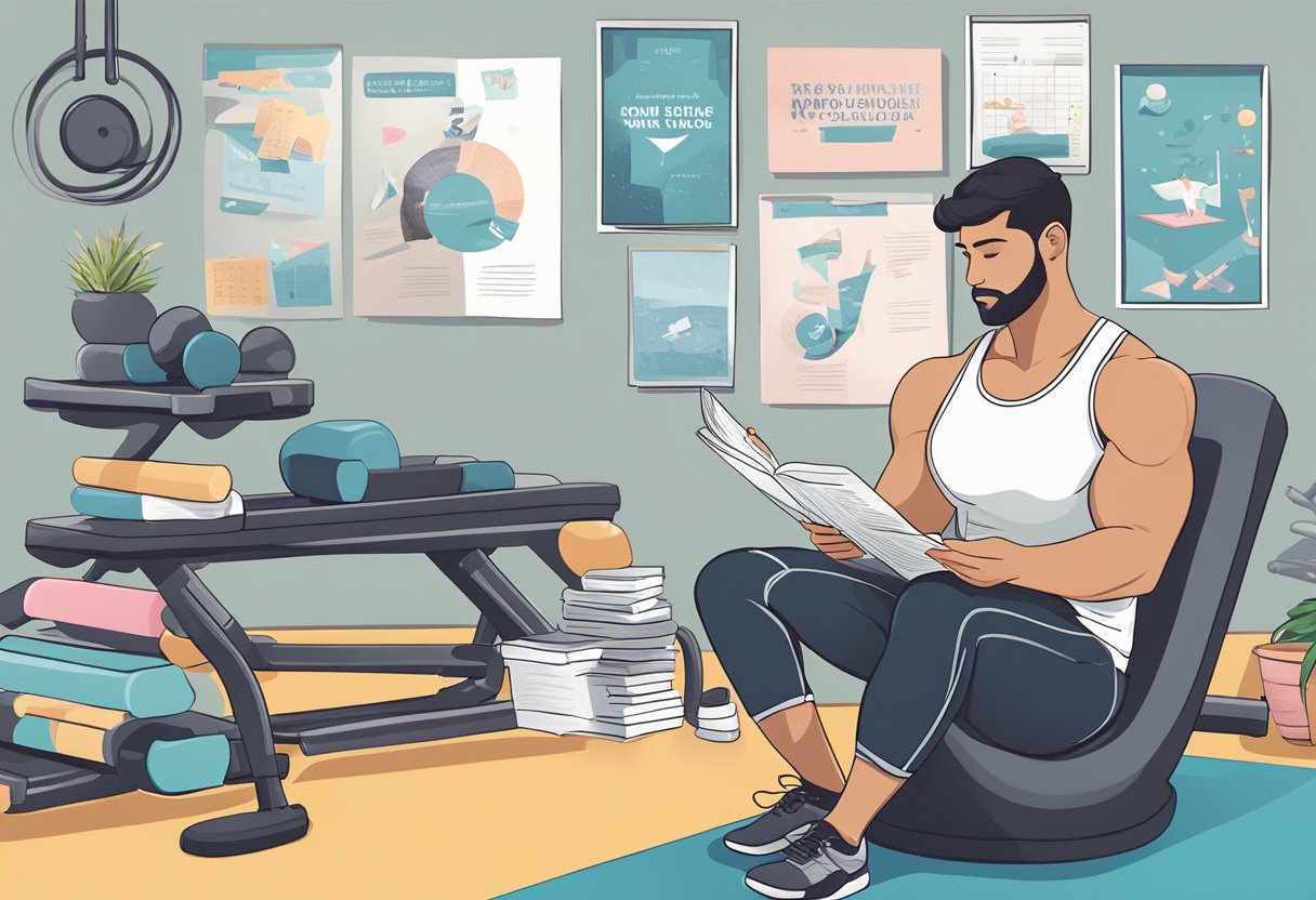 A person reading a workout guide while surrounded by exercise equipment and motivational posters
