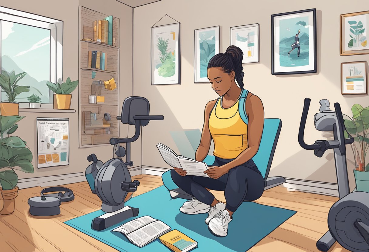 A person reading a beginner's workout guide surrounded by exercise equipment and motivational posters