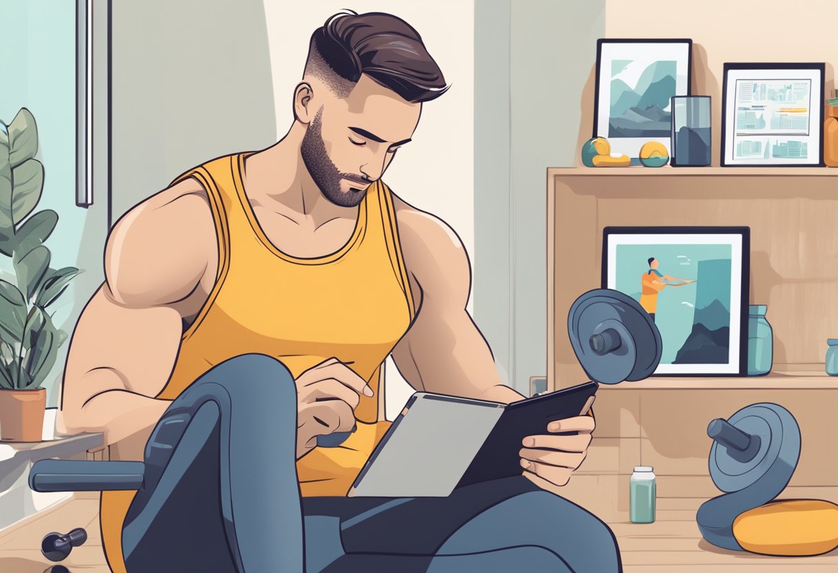 A person reading a beginner's workout guide on a tablet surrounded by exercise equipment and motivational posters