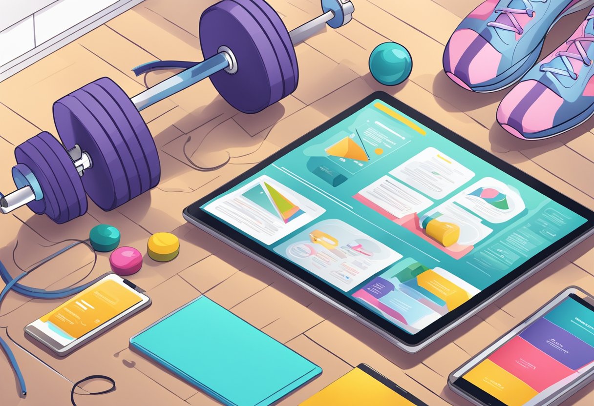 A vibrant gym with equipment and motivational posters, a beginner-friendly workout guide on a tablet, and a water bottle on the floor