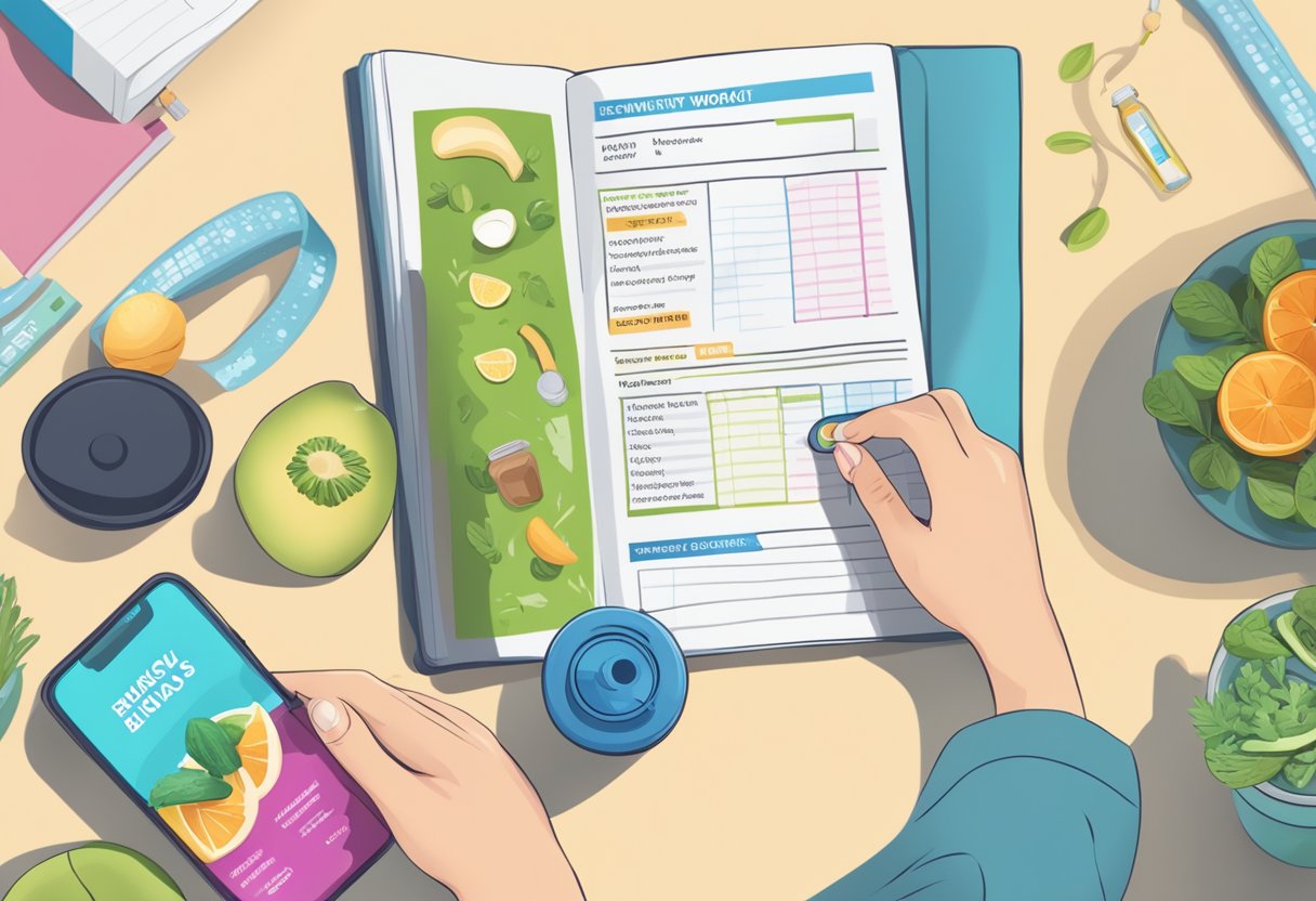 A person reading a beginner's workout guide with a water bottle and healthy snacks nearby