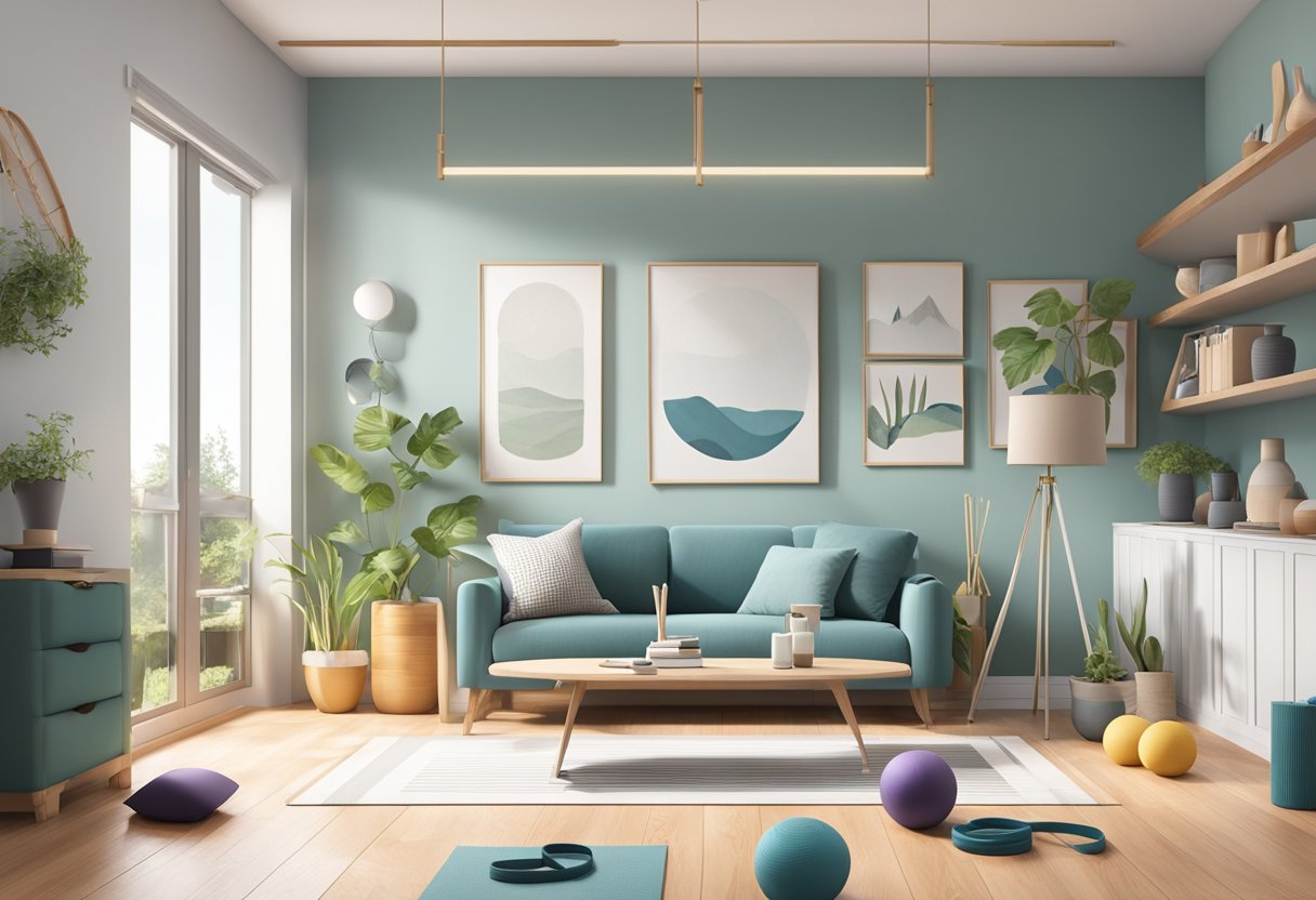 A bright and spacious living room with a yoga mat, dumbbells, resistance bands, and a jump rope laid out for various home workouts