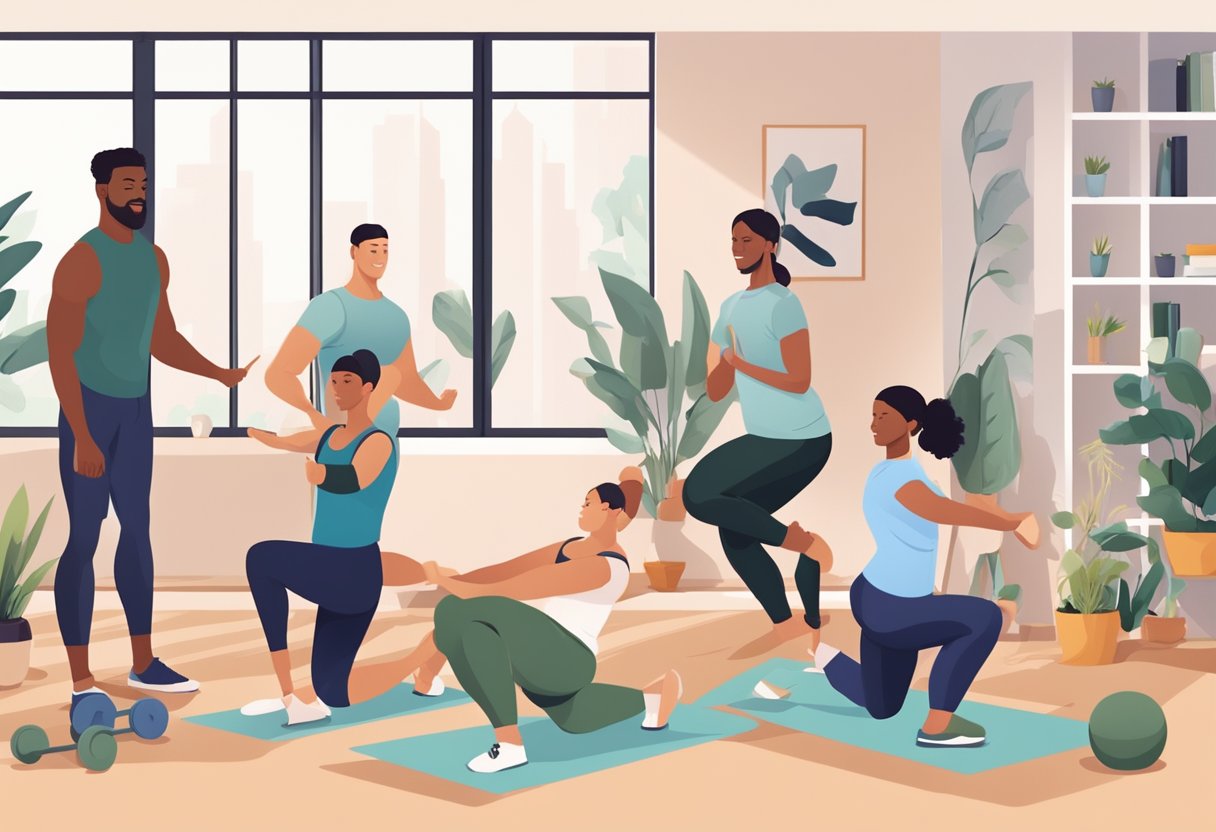 A diverse range of people doing various home workouts in different settings, such as yoga, weightlifting, and cardio exercises