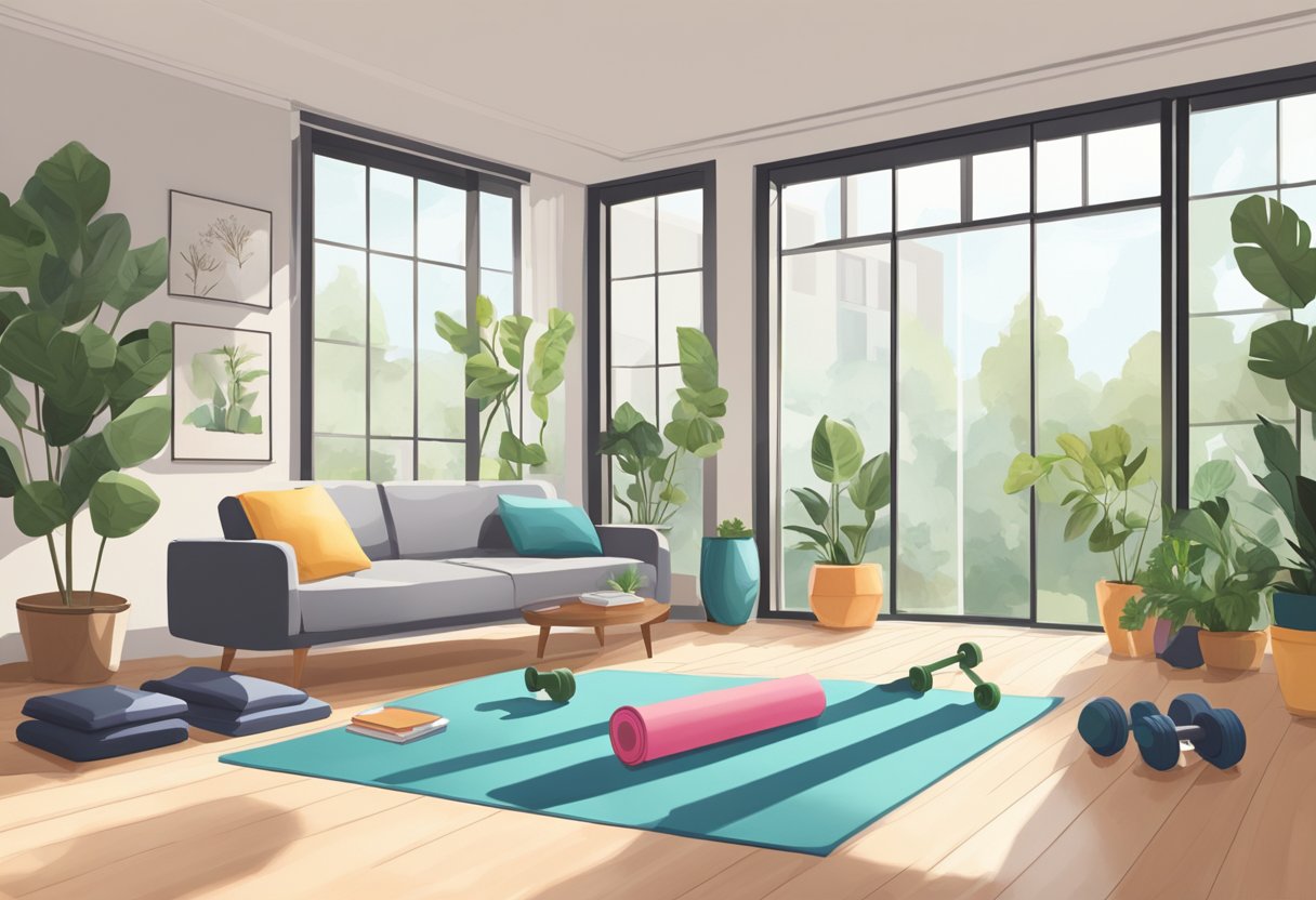 A living room with a yoga mat, resistance bands, and dumbbells scattered on the floor. A large window lets in natural light, and a potted plant adds a touch of greenery
