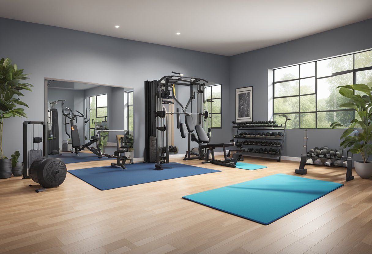 A home gym setup with various workout equipment and space for different fitness levels