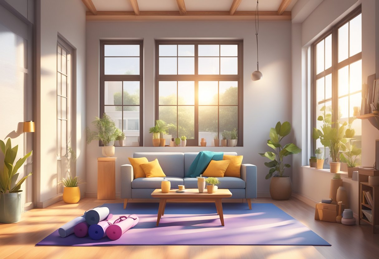 A bright, spacious living room with a yoga mat, dumbbells, resistance bands, and a jump rope laid out. Sunlight streams in through the window, creating a warm and inviting atmosphere for a home workout