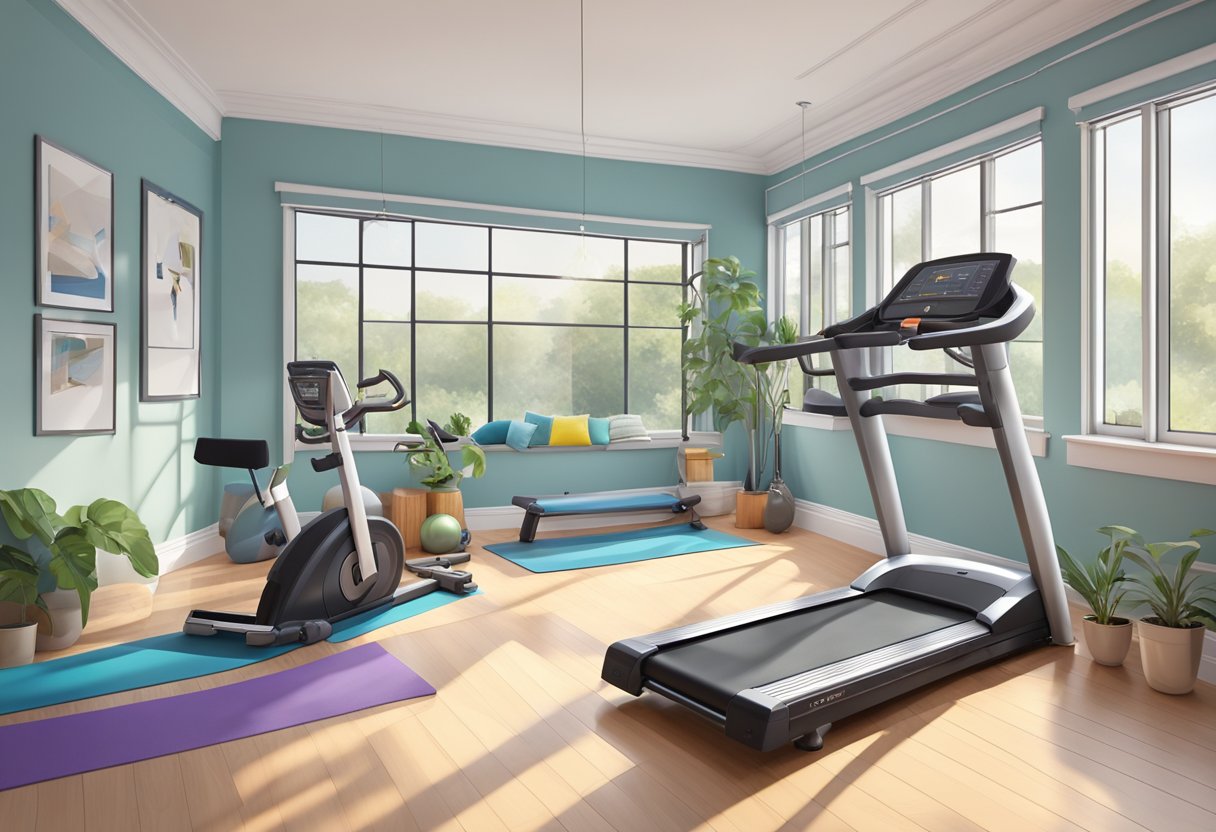 A brightly lit home gym with a treadmill, dumbbells, yoga mat, and resistance bands neatly organized in a spacious, clutter-free room