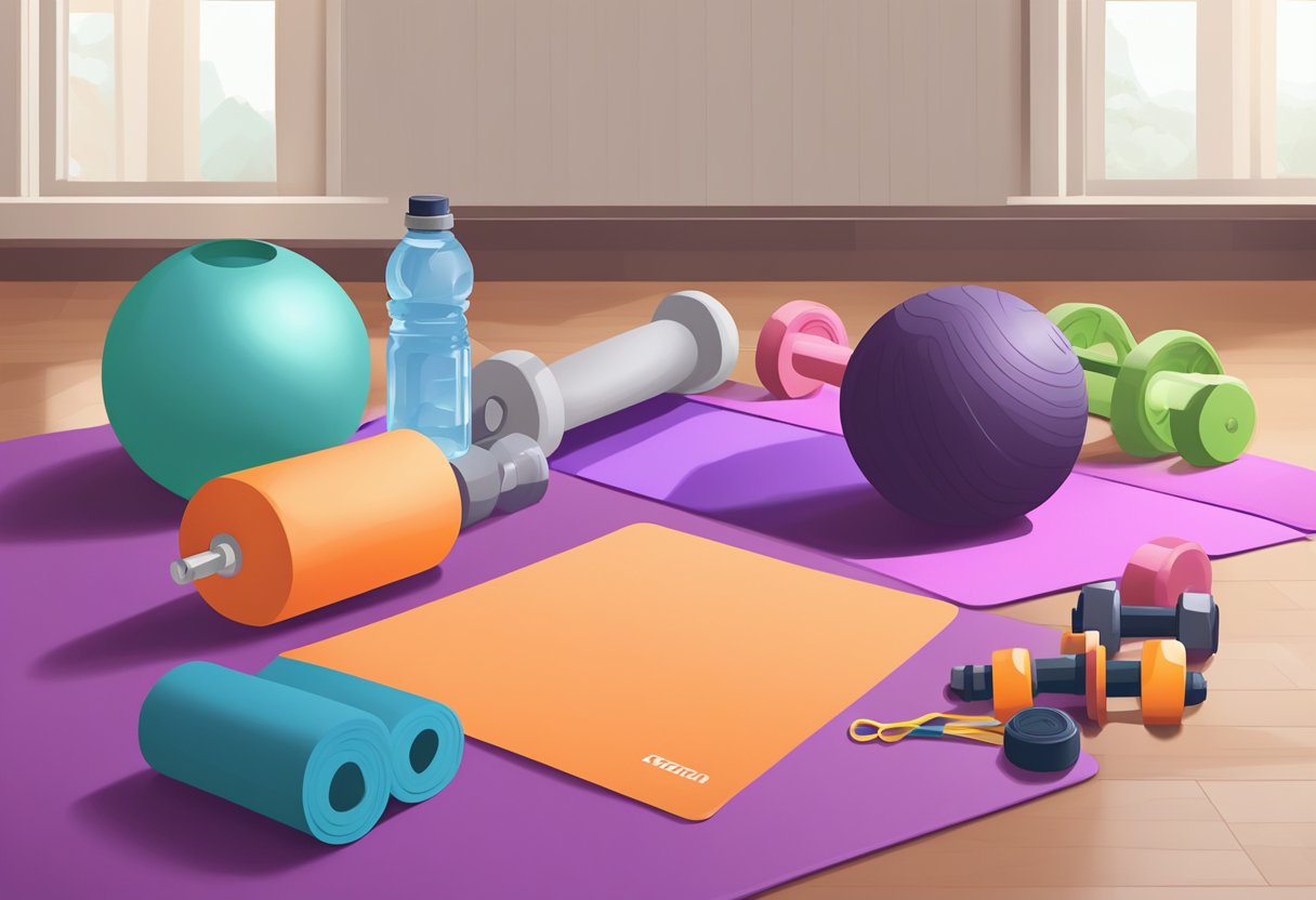 A home gym scene with essential fitness gear: dumbbells, yoga mat, resistance bands, stability ball, and water bottle