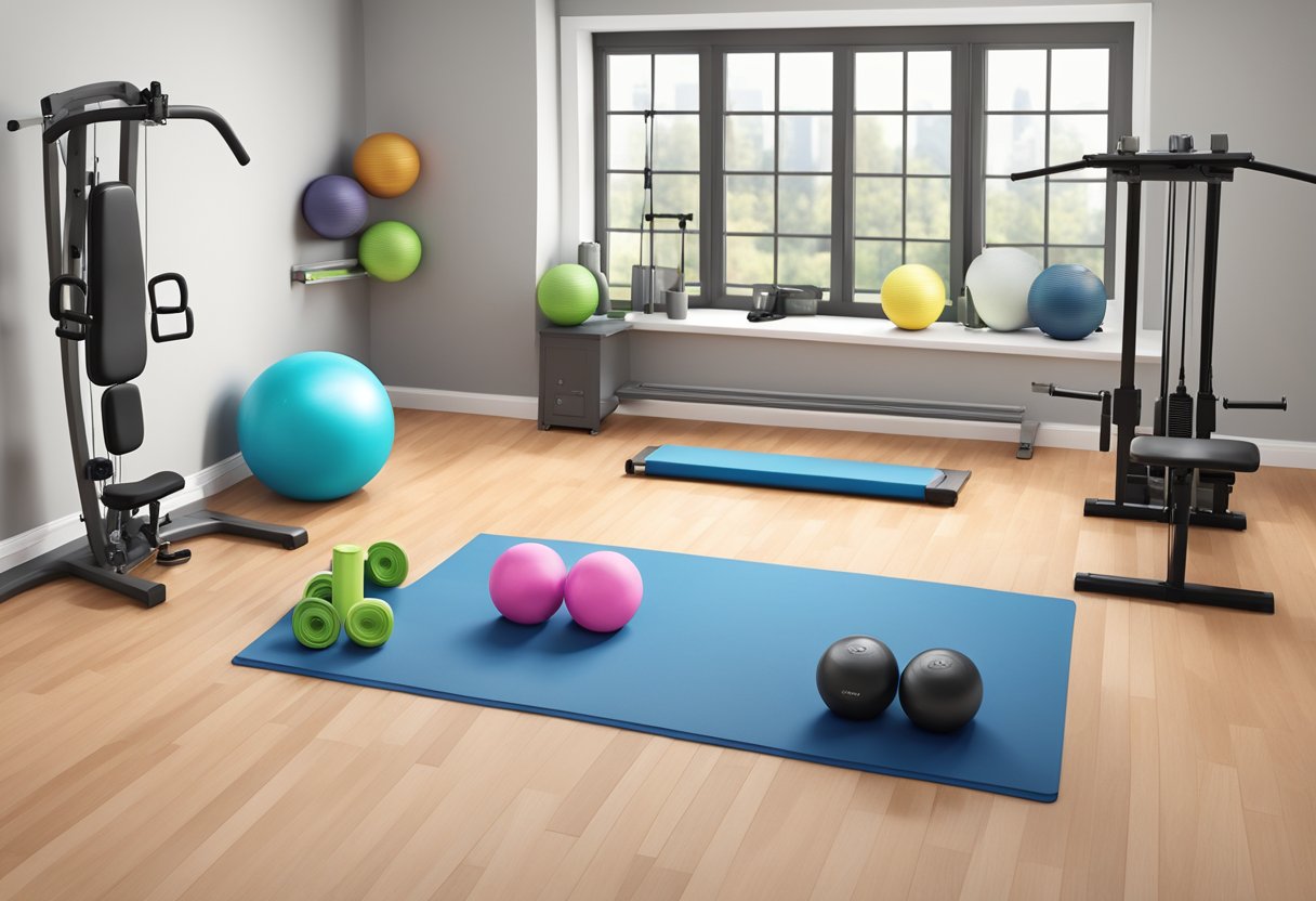 A home gym with essential fitness gear: dumbbells, yoga mat, resistance bands, and a stability ball arranged neatly in a well-organized and space-efficient layout