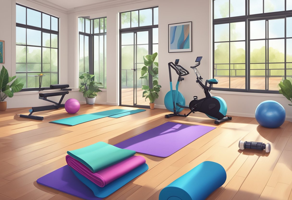 A bright, spacious room with a variety of fitness equipment including dumbbells, resistance bands, yoga mats, and a stationary bike
