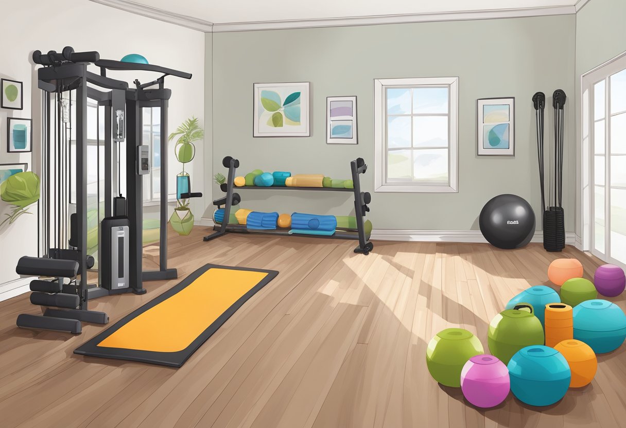 A home gym with essential fitness gear: dumbbells, yoga mat, resistance bands, jump rope, and a stability ball