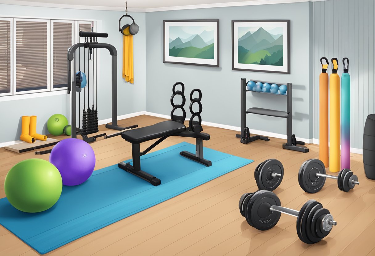 A home gym with essential fitness gear including dumbbells, resistance bands, yoga mat, and exercise ball