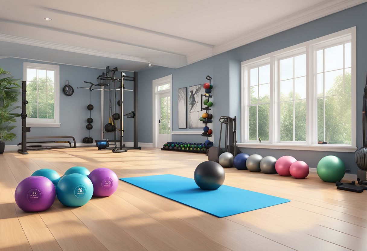 A home gym with essential fitness gear: dumbbells, yoga mat, resistance bands, kettlebells, and a stability ball arranged neatly on a clean, open floor space