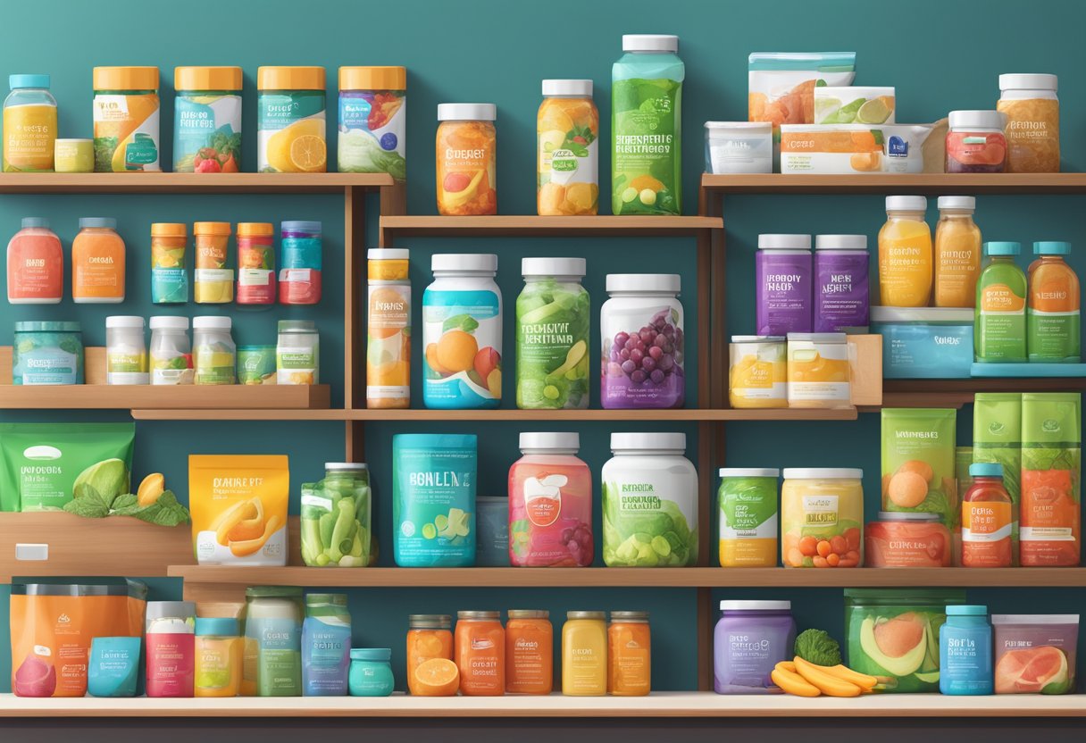 A vibrant display of colorful nutrition products arranged on a sleek, modern countertop. Fruits, vegetables, protein bars, and supplements are neatly organized to highlight peak performance