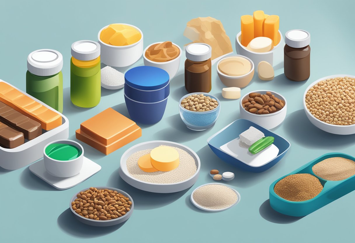 A colorful array of nutrition products arranged on a sleek, modern table, including protein powders, energy bars, and various supplements