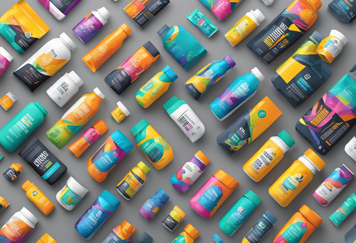 A colorful array of pre-workout supplements arranged on a sleek, modern countertop. Vibrant packaging and bold logos catch the eye