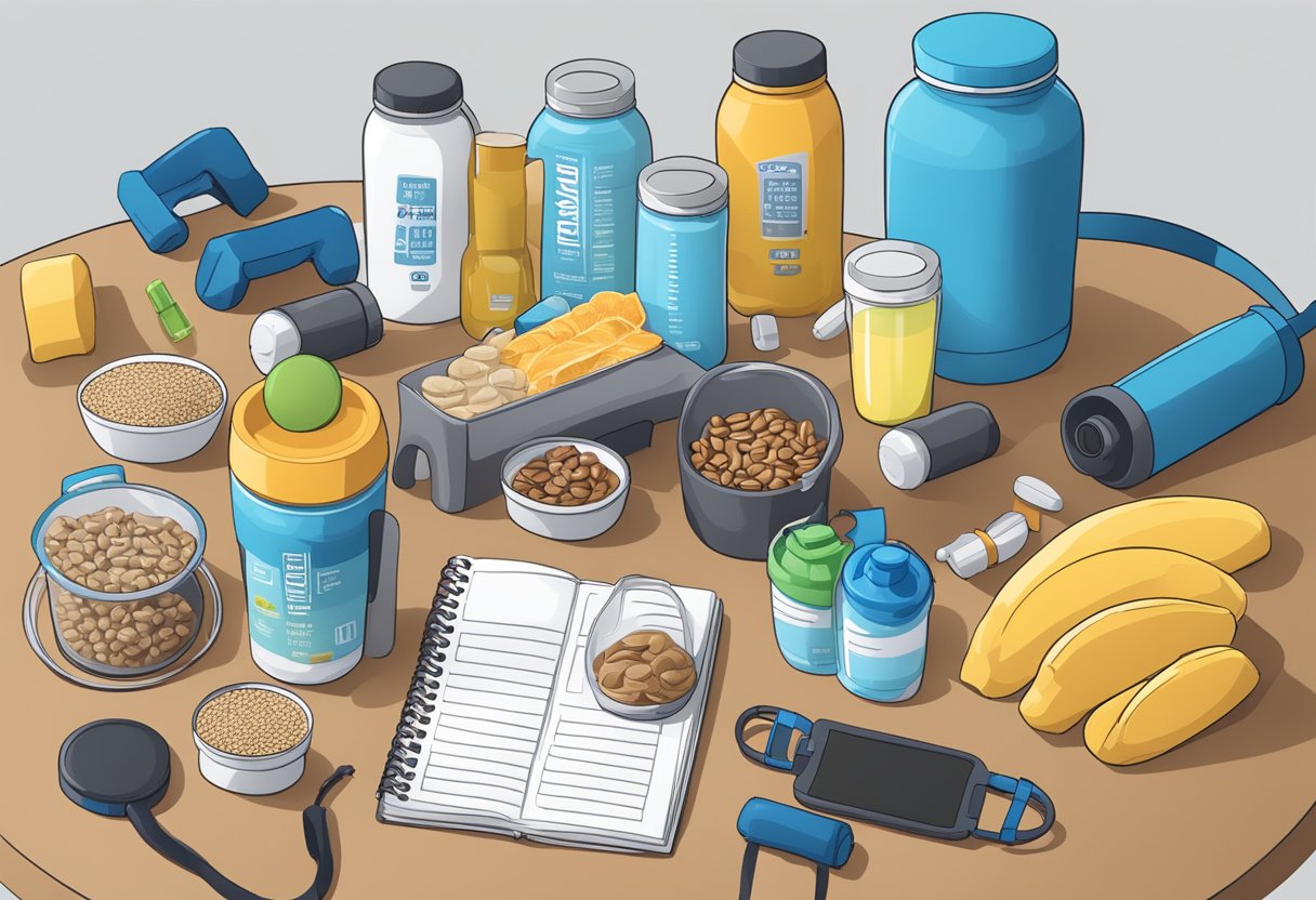 A table displaying various nutrition products like protein powders, energy bars, and electrolyte drinks, surrounded by workout equipment and a water bottle