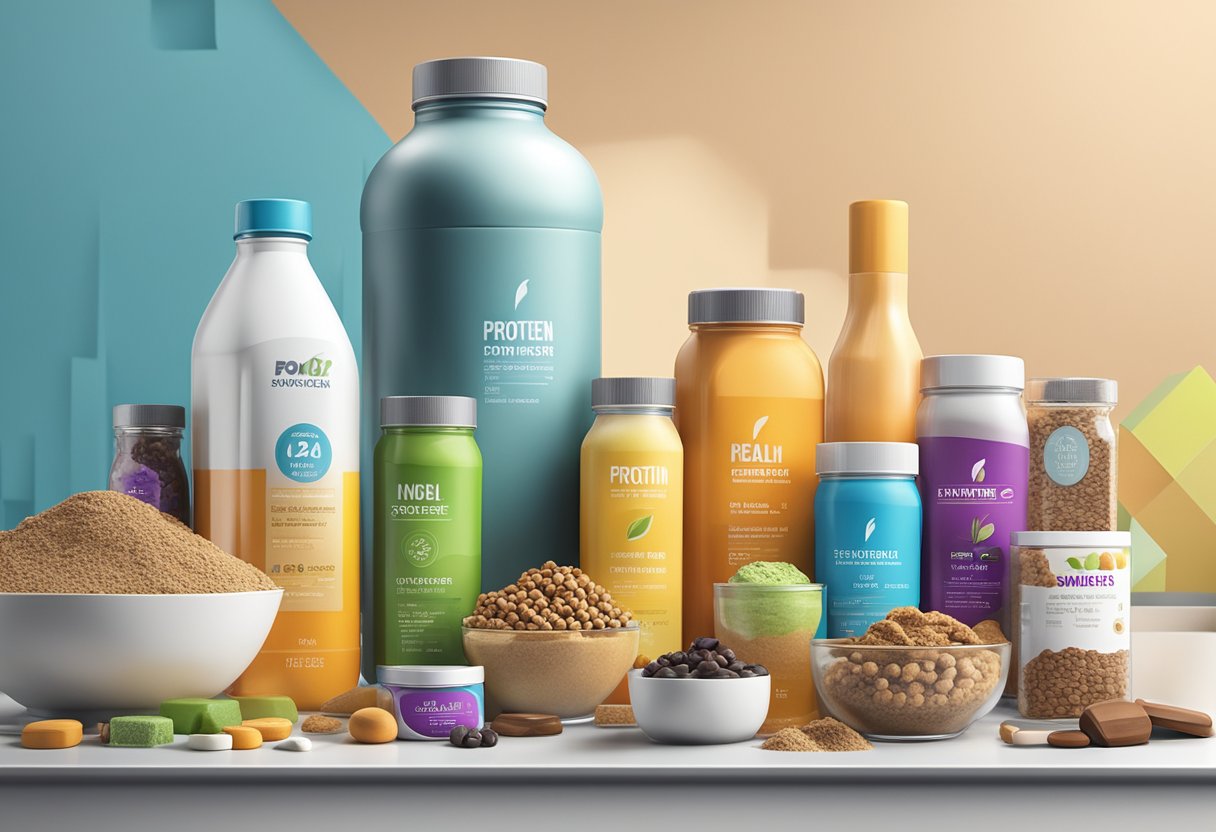 A colorful array of nutrition products arranged on a sleek, modern countertop, including protein powders, energy bars, and sports drinks