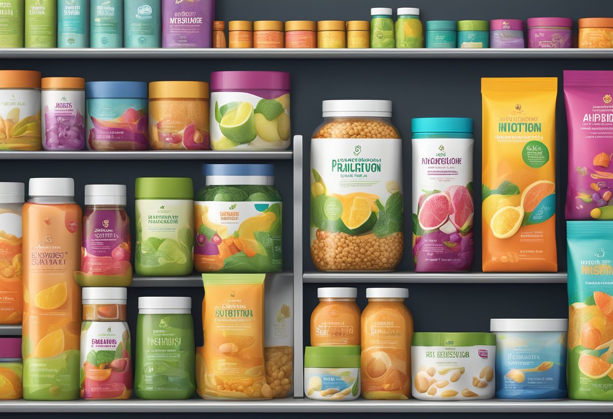 A colorful array of nutrition products arranged on a sleek, modern display with vibrant packaging and labels