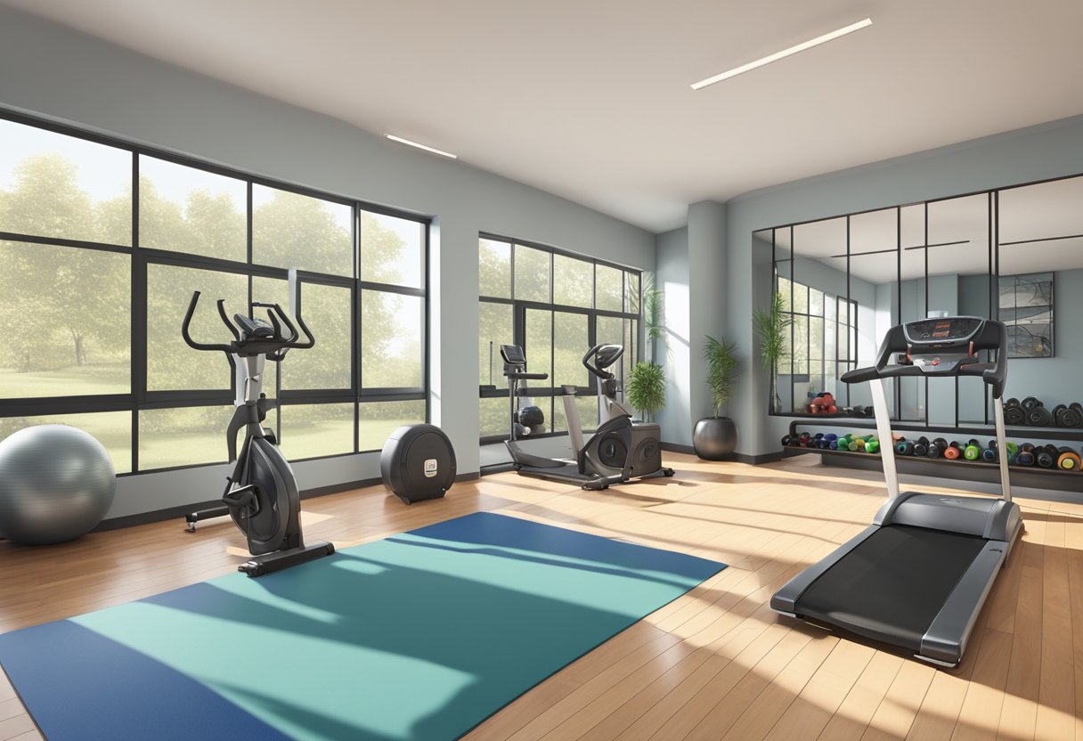 A spacious, well-lit room with rubber flooring and large mirrors. Dumbbells, kettlebells, resistance bands, and a yoga mat are neatly organized in a corner. A treadmill and exercise bike are in the center of the room