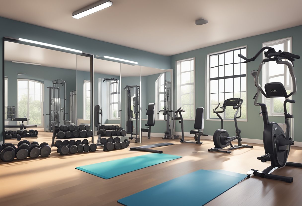 A spacious, well-lit room with rubber flooring, wall-mounted mirrors, and a variety of fitness equipment including dumbbells, a squat rack, and a cardio machine