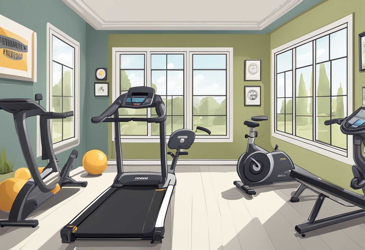 A spacious, well-lit home gym featuring a treadmill, stationary bike, rowing machine, and weight bench surrounded by motivational posters and mirrors