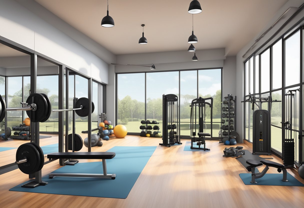 A spacious, well-lit room with rubber flooring, lined with a variety of strength training equipment including dumbbells, barbells, a squat rack, and a cable machine