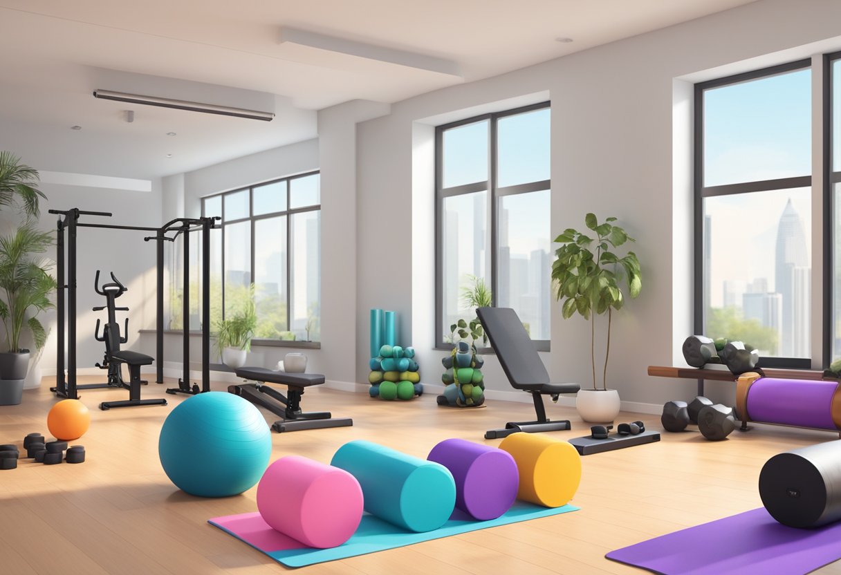 A spacious, well-lit room with a variety of fitness equipment including dumbbells, resistance bands, a yoga mat, and foam rollers