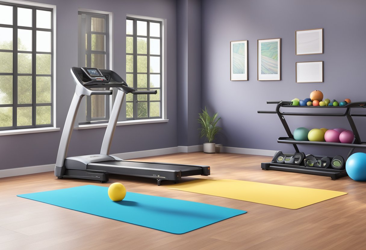 A spacious, well-lit room with rubber flooring, a weight rack, treadmill, yoga mat, and exercise ball