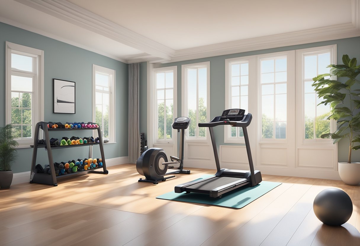 A spacious, well-lit home gym with a sleek treadmill, adjustable dumbbells, resistance bands, and a yoga mat neatly arranged on the floor