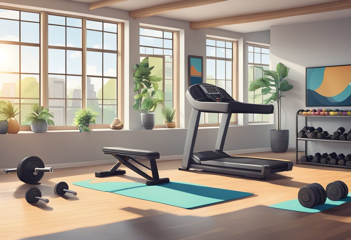 A spacious room with various fitness equipment including dumbbells, a weight bench, a treadmill, and a yoga mat. Brightly lit with large windows and motivational posters on the walls