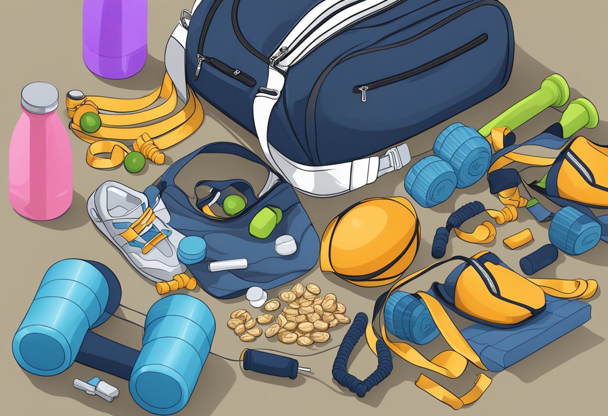 A gym bag overflowing with workout gear and protein snacks, surrounded by dumbbells and resistance bands