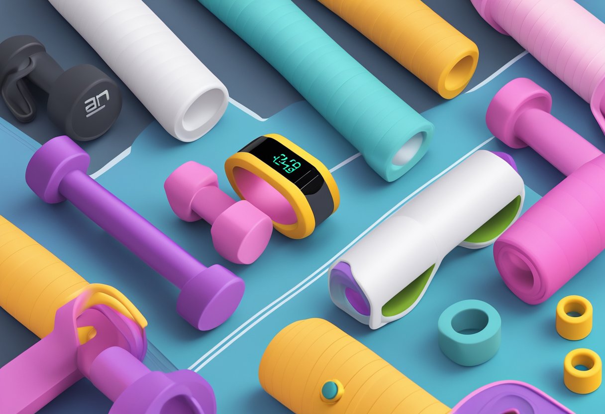 A bright, modern fitness tracker surrounded by colorful dumbbells and yoga mats, with a backdrop of a sleek gym environment