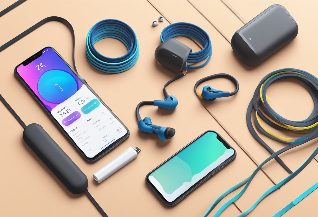 A sleek fitness tracker and wireless earbuds lay on a gym bench, surrounded by colorful resistance bands and a water bottle
