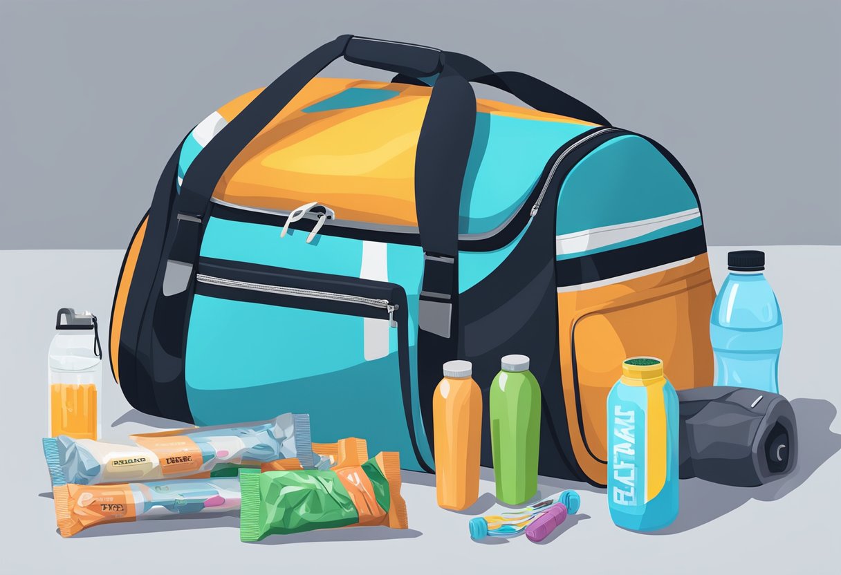 A vibrant gym bag overflowing with workout gear, protein bars, and a sleek water bottle sits on a clean, modern gym locker