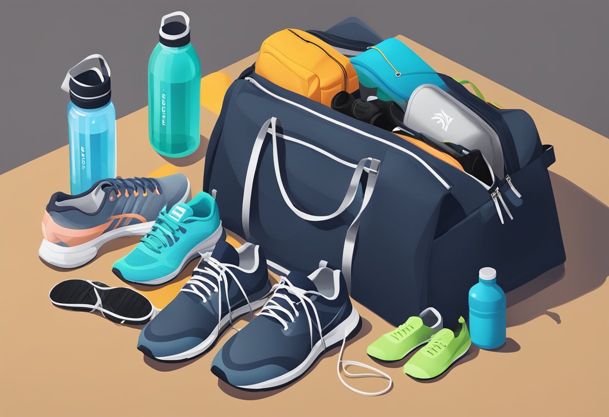 A sleek gym bag filled with workout gear and accessories, surrounded by running shoes, water bottles, and fitness trackers
