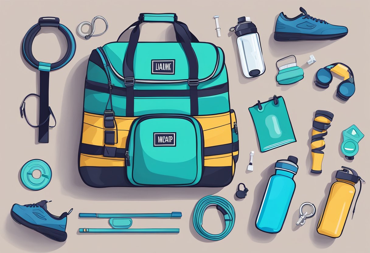 A vibrant gym bag filled with workout gear and a water bottle, surrounded by motivational quotes and fitness accessories