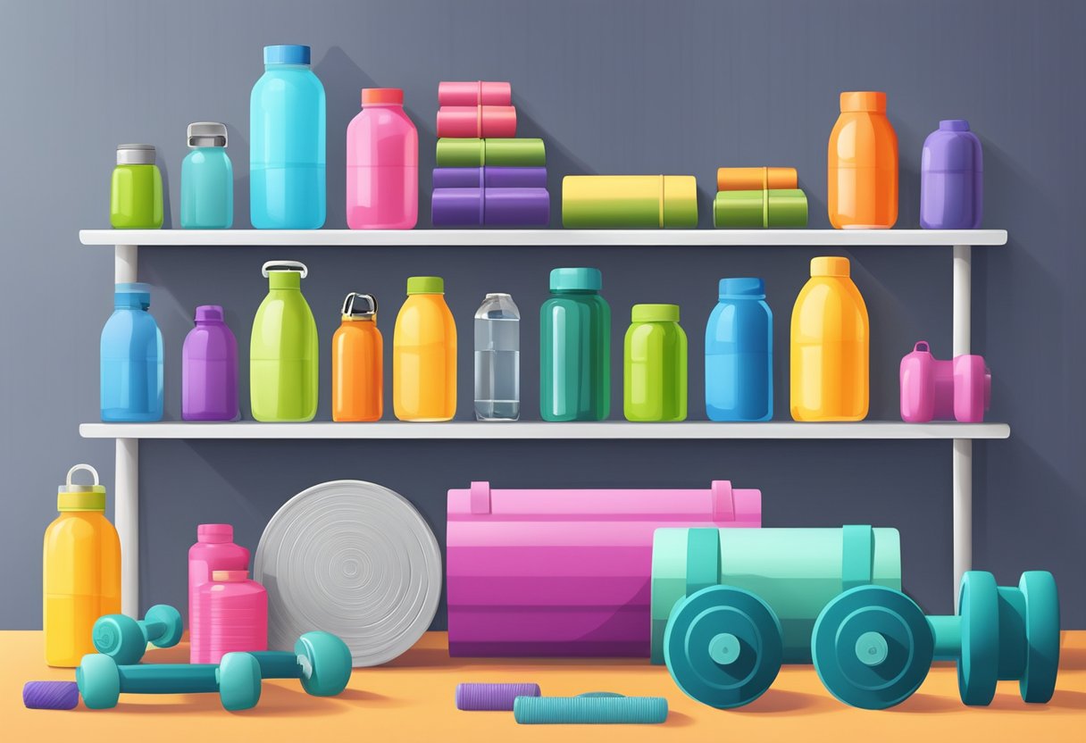A colorful array of fitness-related items, including dumbbells, yoga mats, resistance bands, and water bottles, are neatly arranged on a sleek, modern display shelf