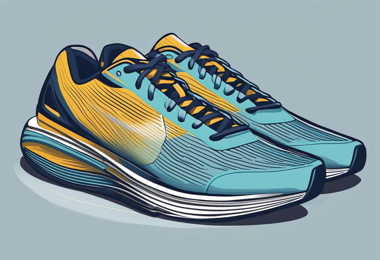 A pair of sleek running shoes with cushioned soles and supportive arches, surrounded by speed lines and a sense of motion