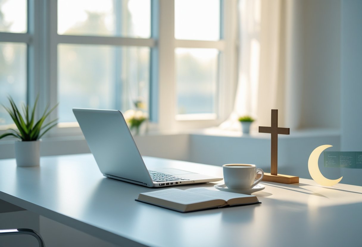A tidy office desk with a laptop, notebook, coffee cup, and subtle spiritual symbols representing different religions in the background.