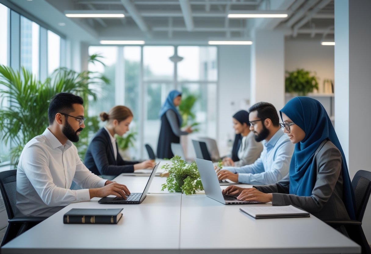 A diverse group of people working thoughtfully in a bright, modern office with natural light and plants, showing focus and dedication.