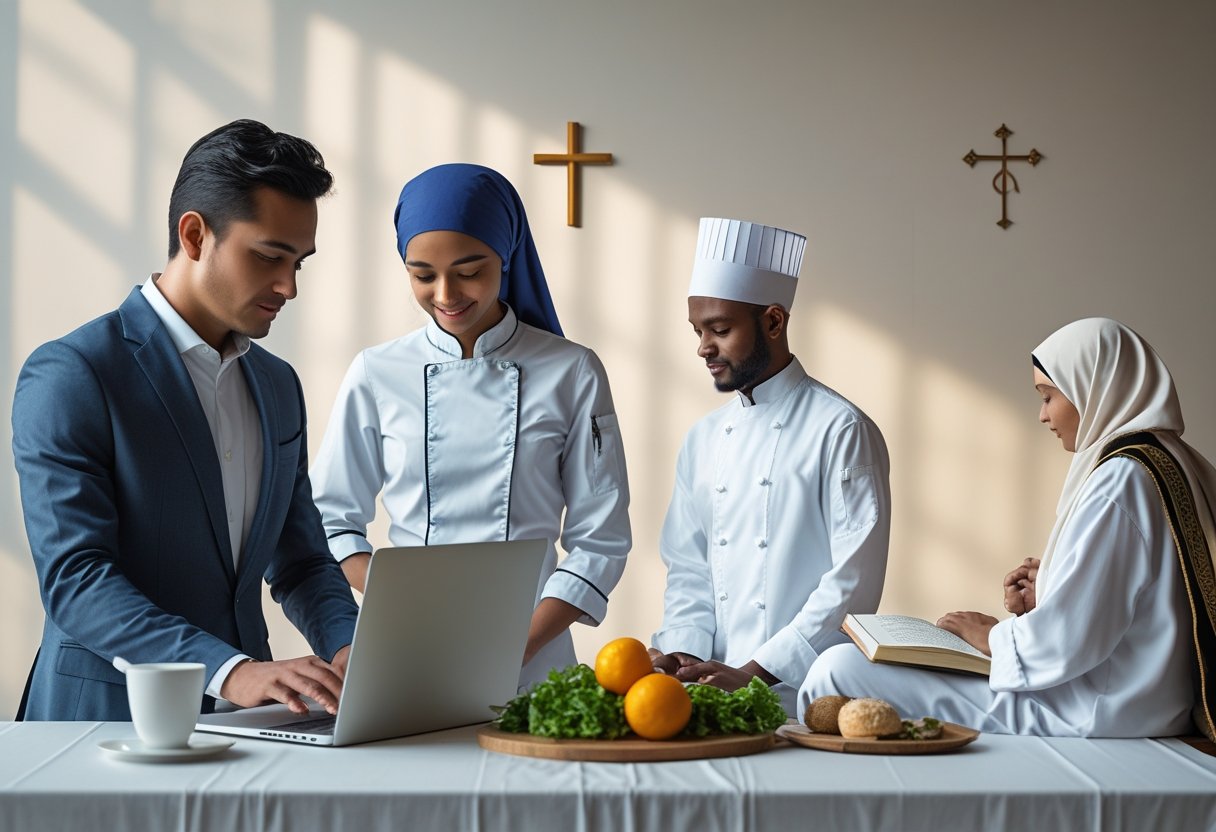 A diverse group of people working together in different roles, showing respect and dedication in their tasks.